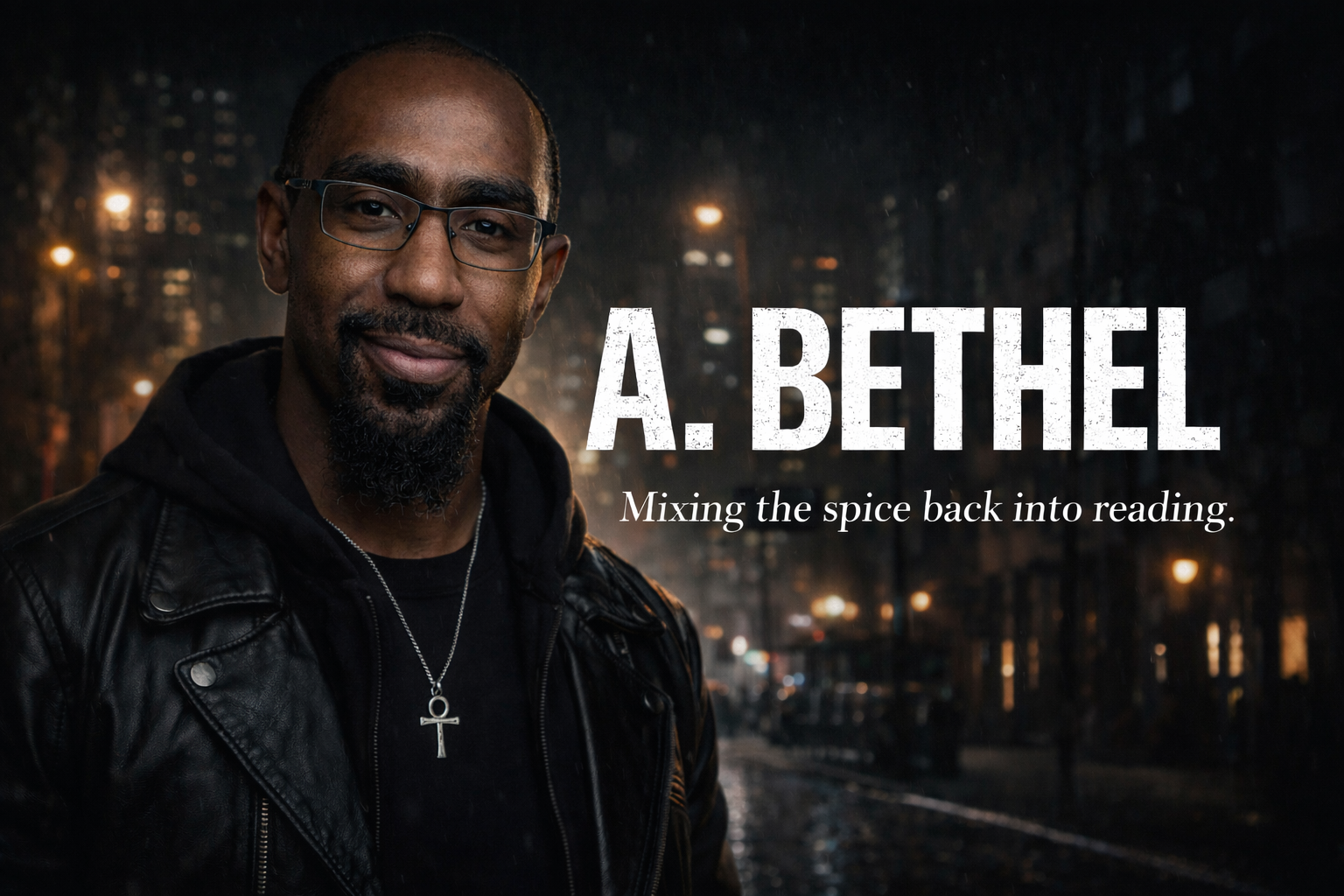 Author A. Bethel on a rain-soaked city street at night